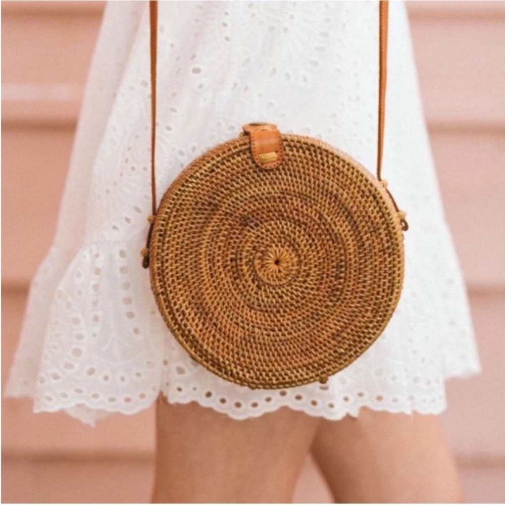 Round Woven Tan Crossbody Bag